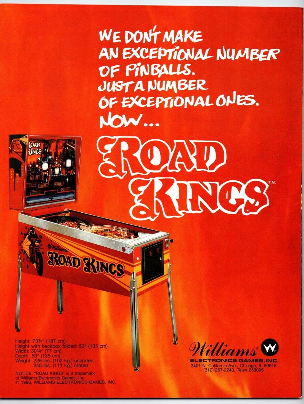 Road Kings Pinball FLYER 1986 Original Brochure Motorcycle Bike Riders UNUSED